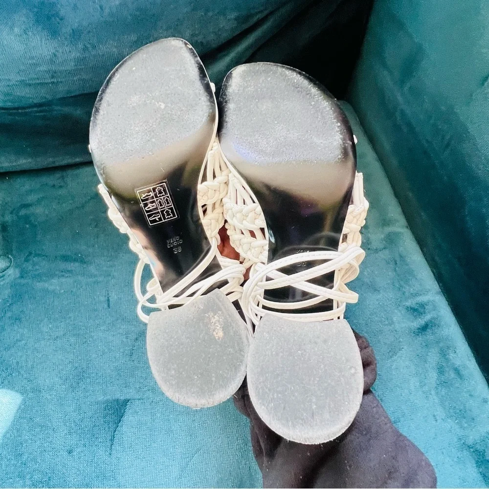 PHILLIP LIM STRAPPY WRAP CHUNKY HEEL WHITE MACRAMÉ BRAIDED SANDALS SIZE 7.5